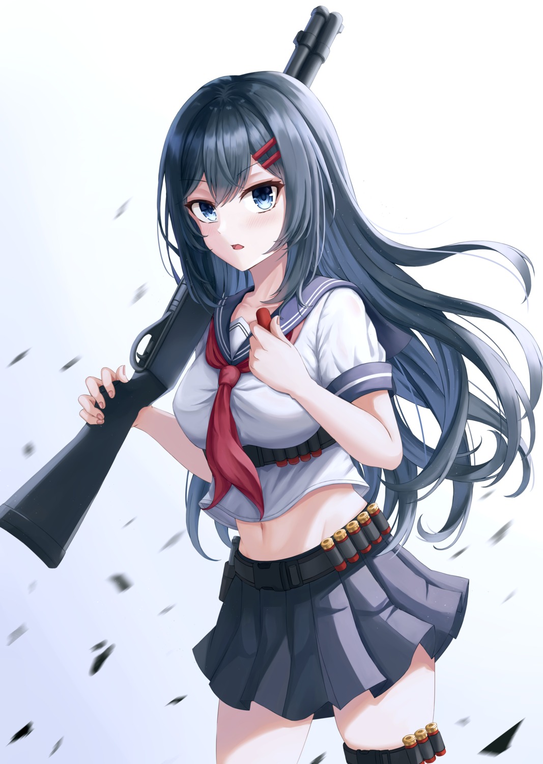 daisy_cutter, garter, gun, seifuku, skirt_lift