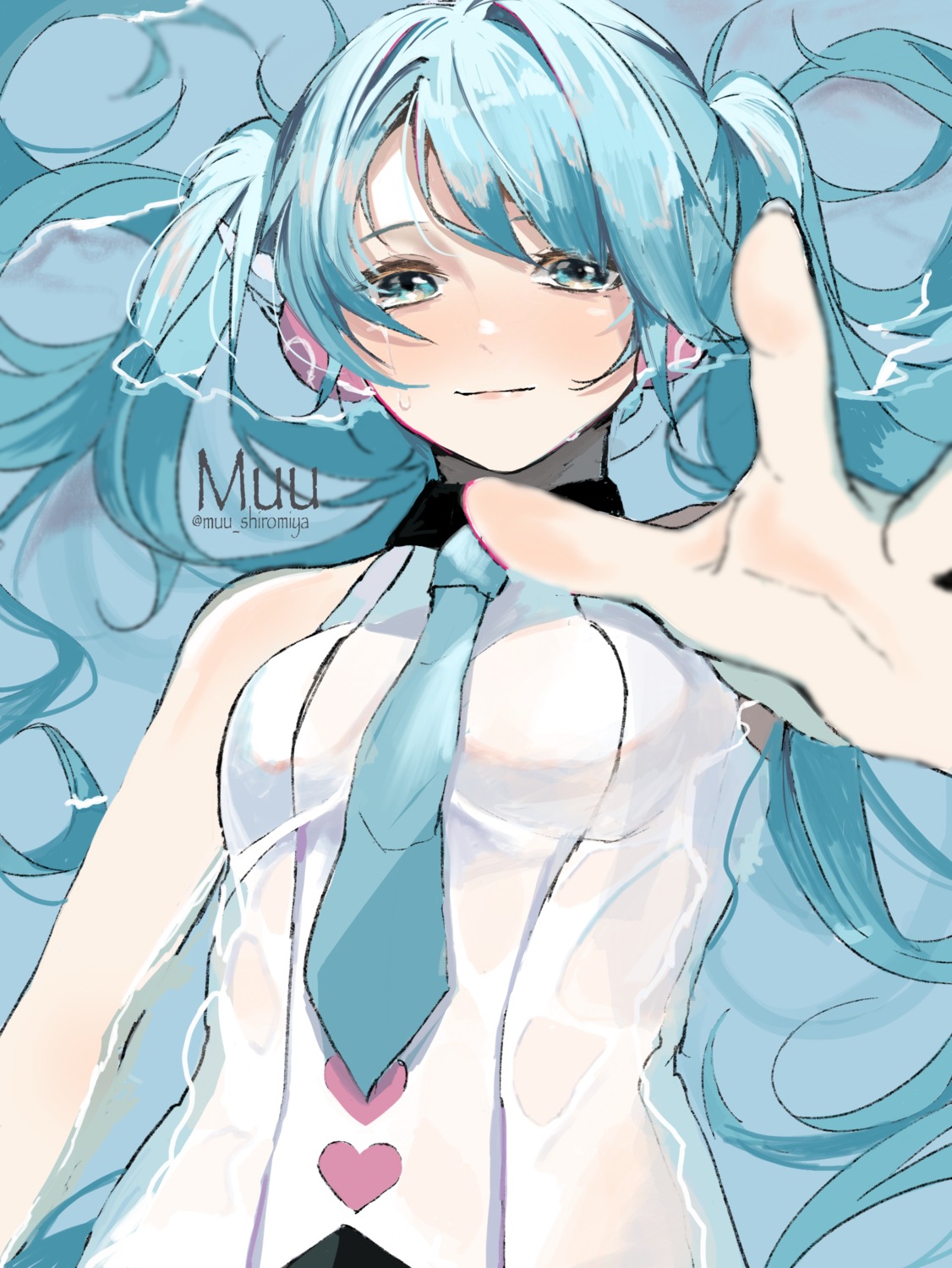 hatsune_miku, headphones, muu_(muu_shiromiya), see_through, vocaloid, wet, wet_clothes