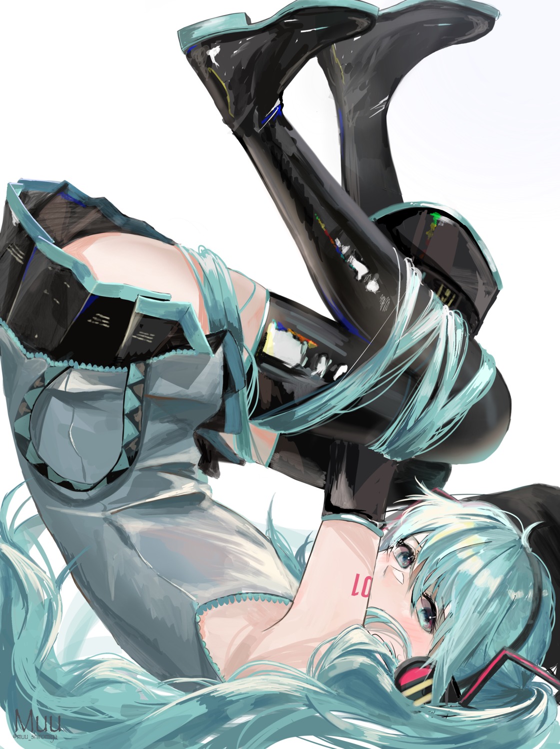 hatsune_miku, headphones, muu_(muu_shiromiya), skirt_lift, tattoo, thighhighs, vocaloid