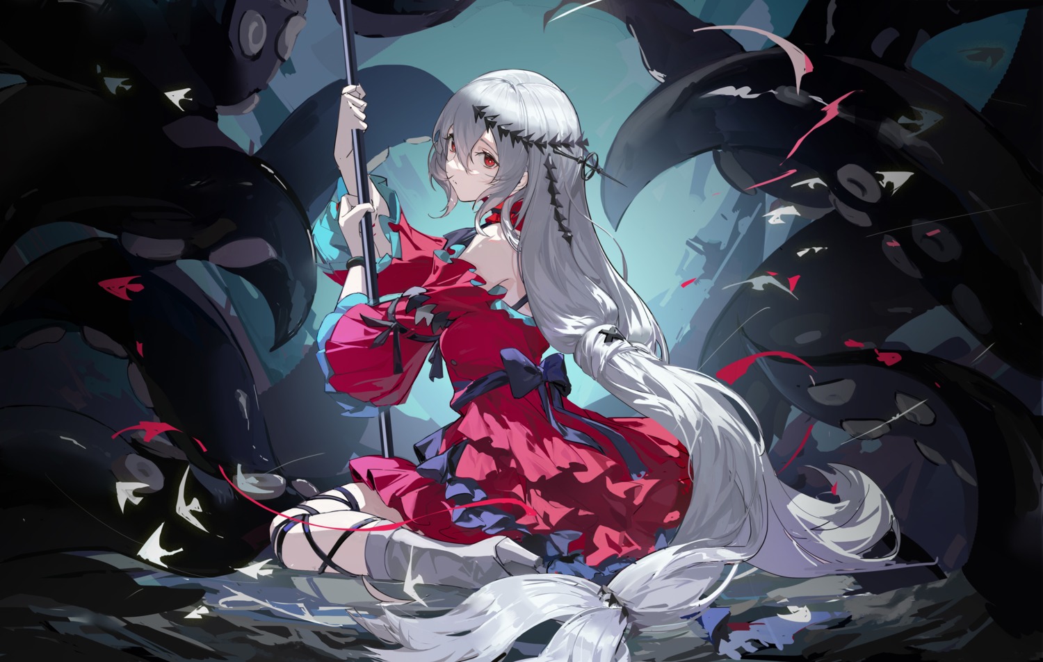 arknights, heels, skadi_(arknights), tentacles, weapon, yeyuanqianqianqian