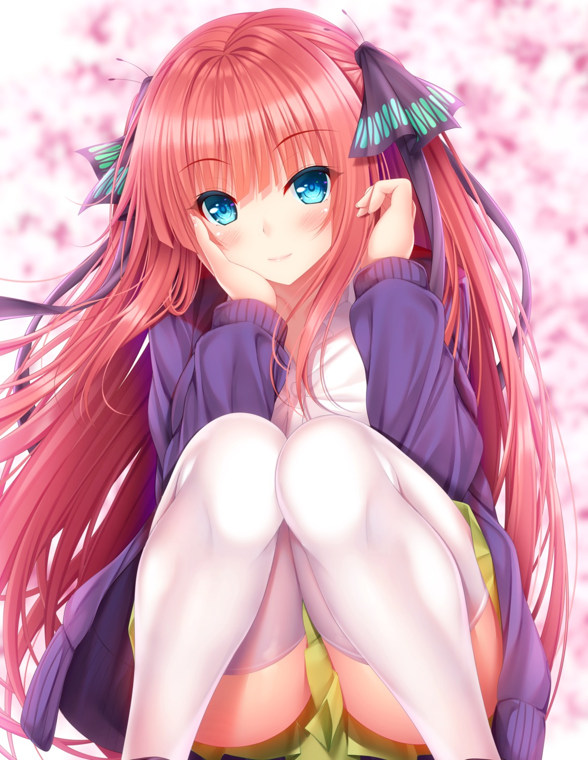 5-toubun_no_hanayome, nakano_nino, seifuku, skirt_lift, sweater, thighhighs, yunagi_amane