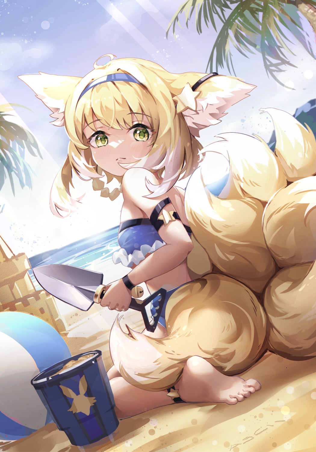 animal_ears, arknights, asc11, bikini, feet, kitsune, suzuran_(arknights), swimsuits