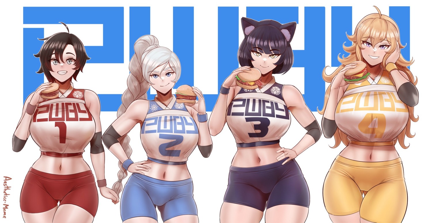 aestheticc-meme, animal_ears, bike_shorts, blake_belladonna, ruby_rose, rwby, uniform, weiss_schnee