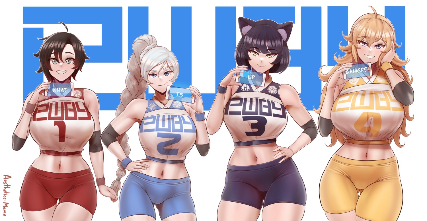 aestheticc-meme, animal_ears, bike_shorts, blake_belladonna, ruby_rose, rwby, uniform, weiss_schnee, yang_xiao_long
