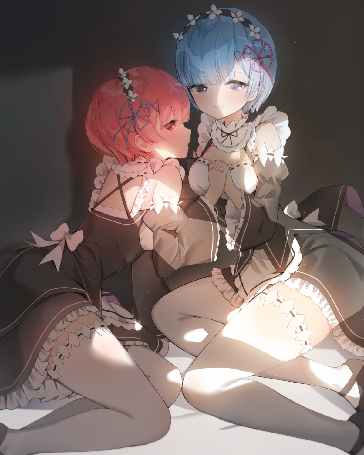 eso_(toory), maid, ram_(re_zero), re:zero_kara_hajimeru_isekai_seikatsu, rem_(re_zero), skirt_lift, thighhighs