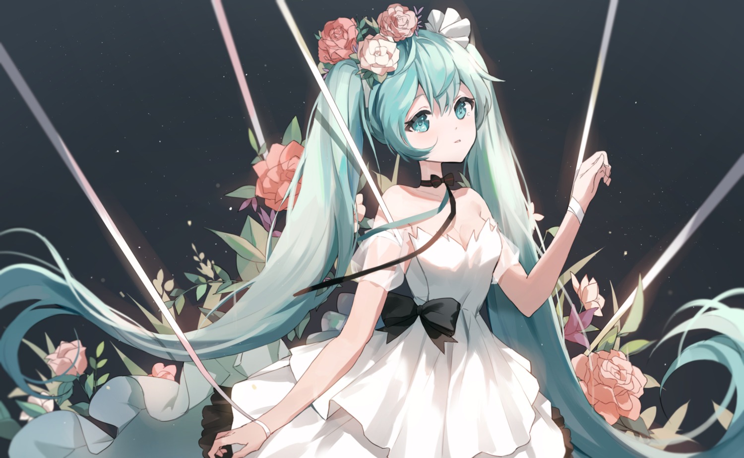 bandages, cleavage, dress, eso_(toory), hatsune_miku, hatsune_miku_with_you, no_bra, vocaloid