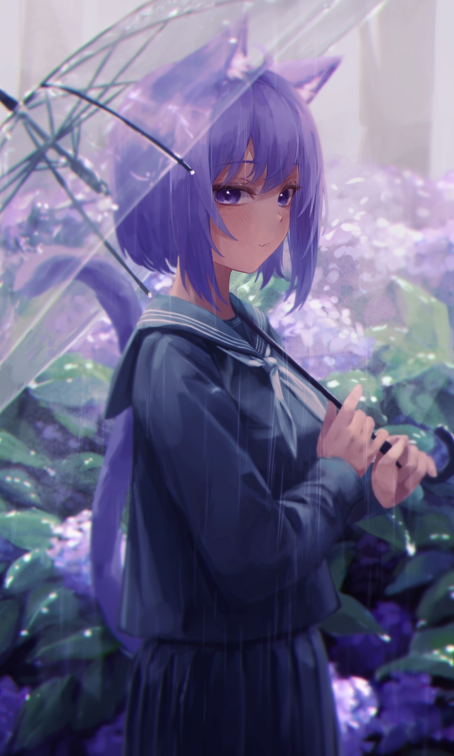 animal_ears, hololive, hololive_gamers, nanome_to, nekomata_okayu, nekomimi, seifuku, tail, umbrella