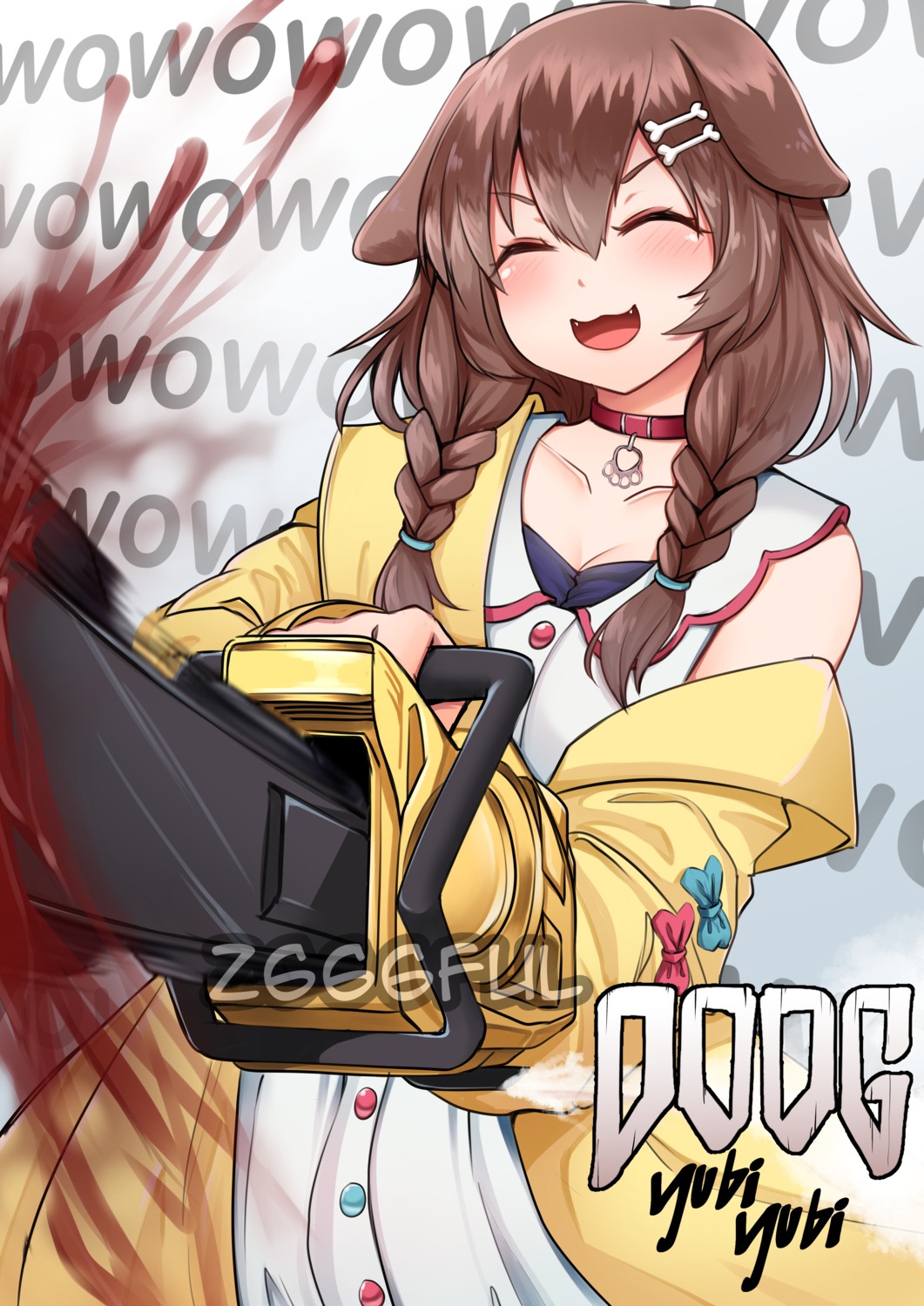 animal_ears, blood, chainsaw, cleavage, doom, dress, hololive, hololive_gamers