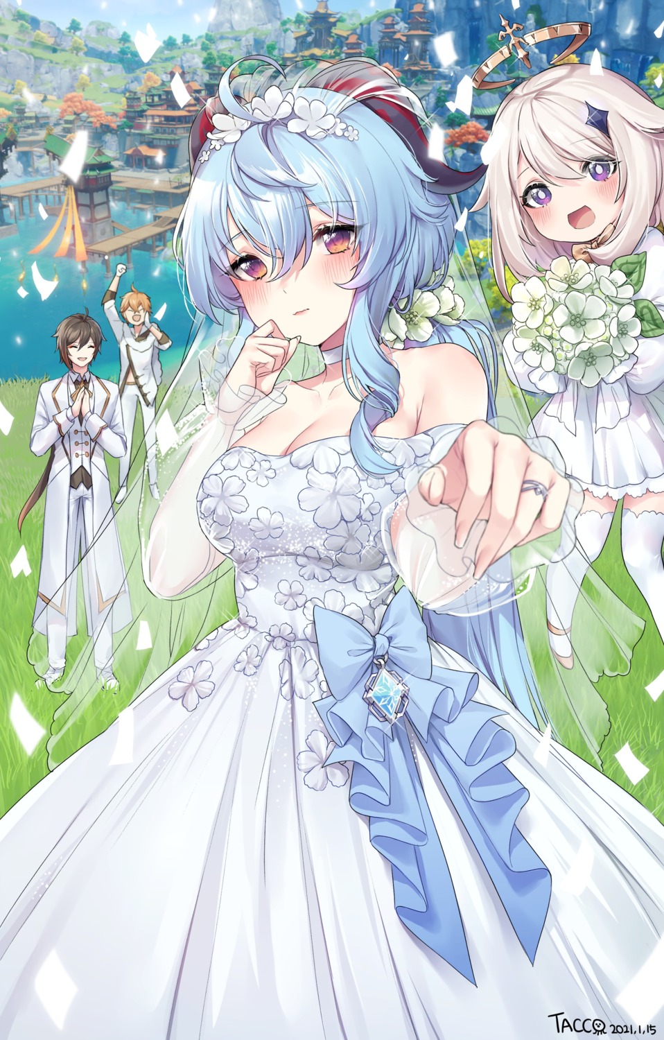 cleavage, dress, ganyu, genshin_impact, horns, no_bra, paimon, see_through, tacco_(tikeworld), thighhighs, wedding_dress