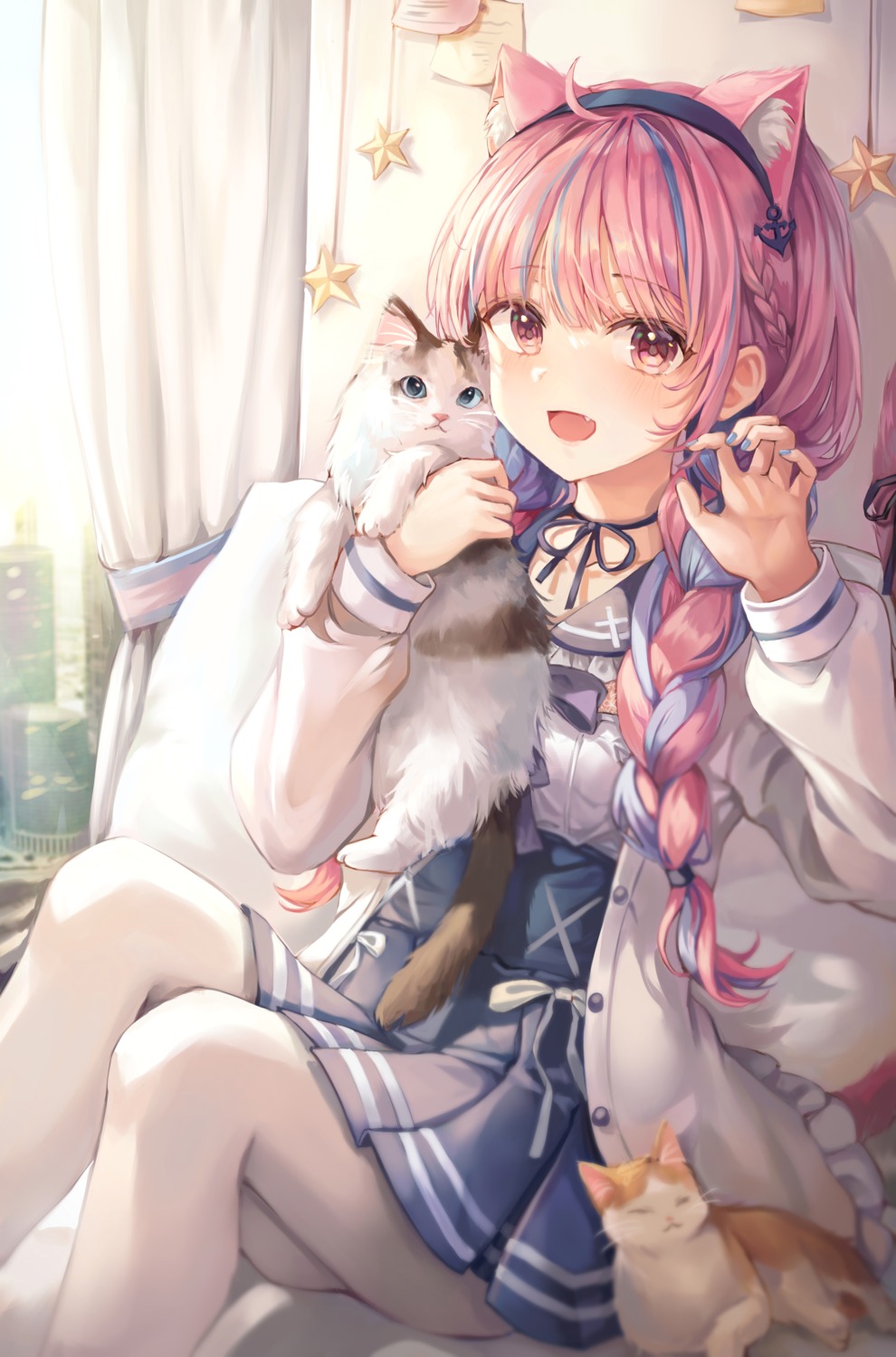 animal_ears, hololive, minato_aqua, neko, nekomimi, pantyhose, seifuku, skirt_lift