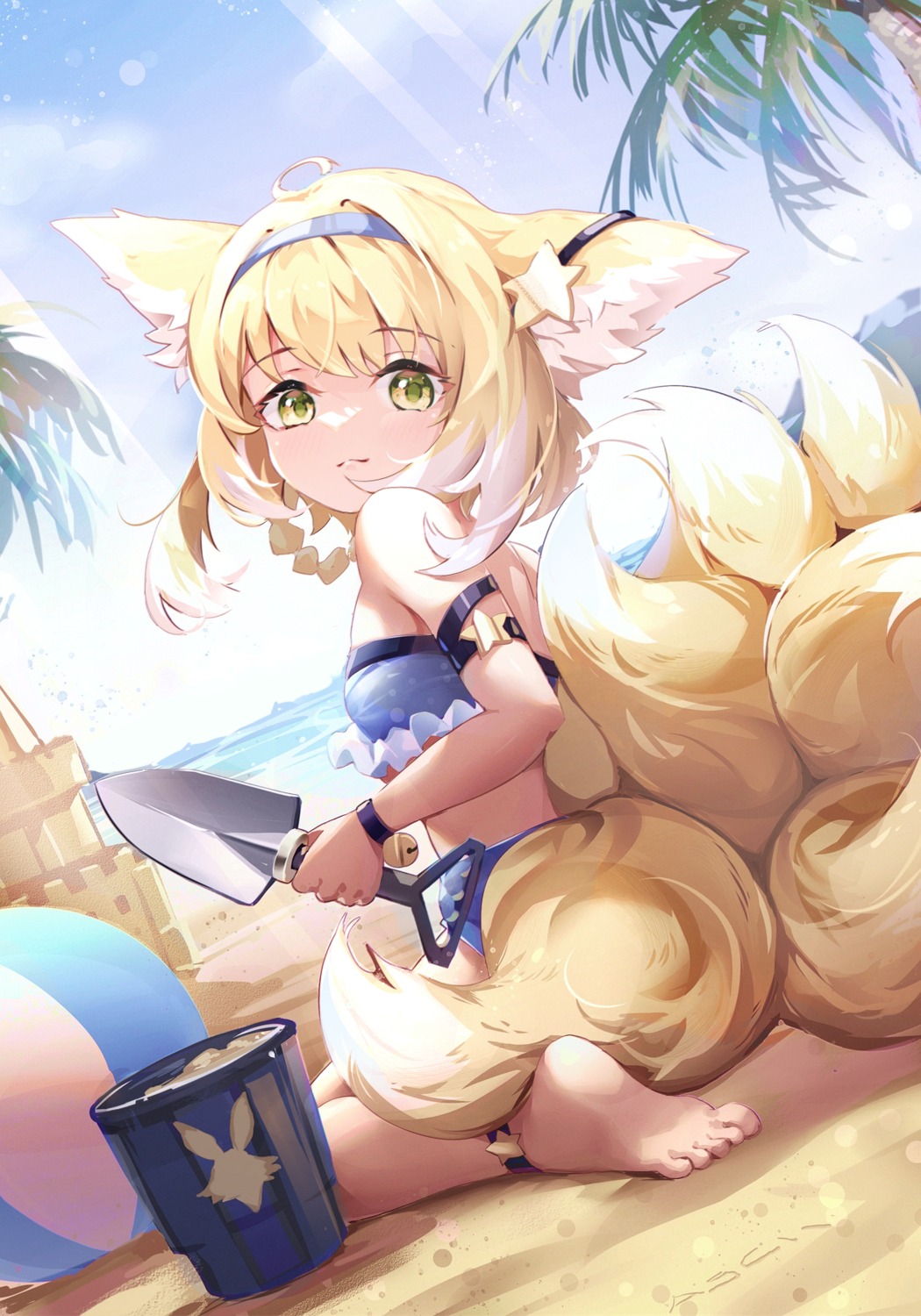 animal_ears, arknights, asc11, bikini, feet, kitsune, suzuran_(arknights), swimsuits