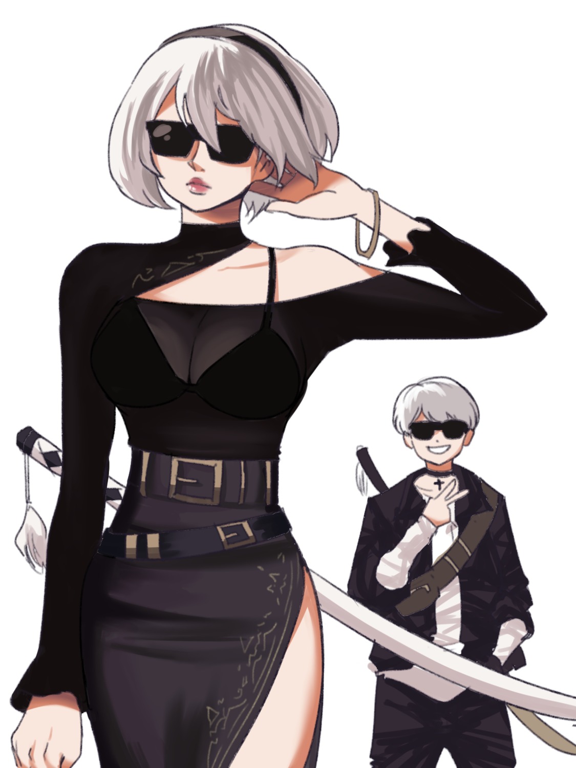 bra, cleavage, megane, nier, nier_automata, pantsu, see_through, sweater, sword, tina_fate, yorha_no.2_type_b, yorha_no.9_type_s