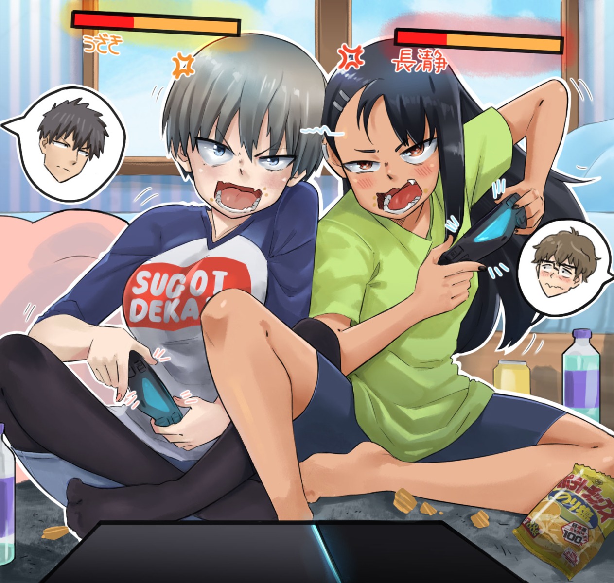 bike_shorts, crossover, feet, freeze-ex, hachiouji_naoto, ijiranaide_nagatoro-san, megane, nagatoro_hayase, pantyhose, sakurai_shin'ichi, uzaki-chan_wa_asobi_tai!, uzaki_hana