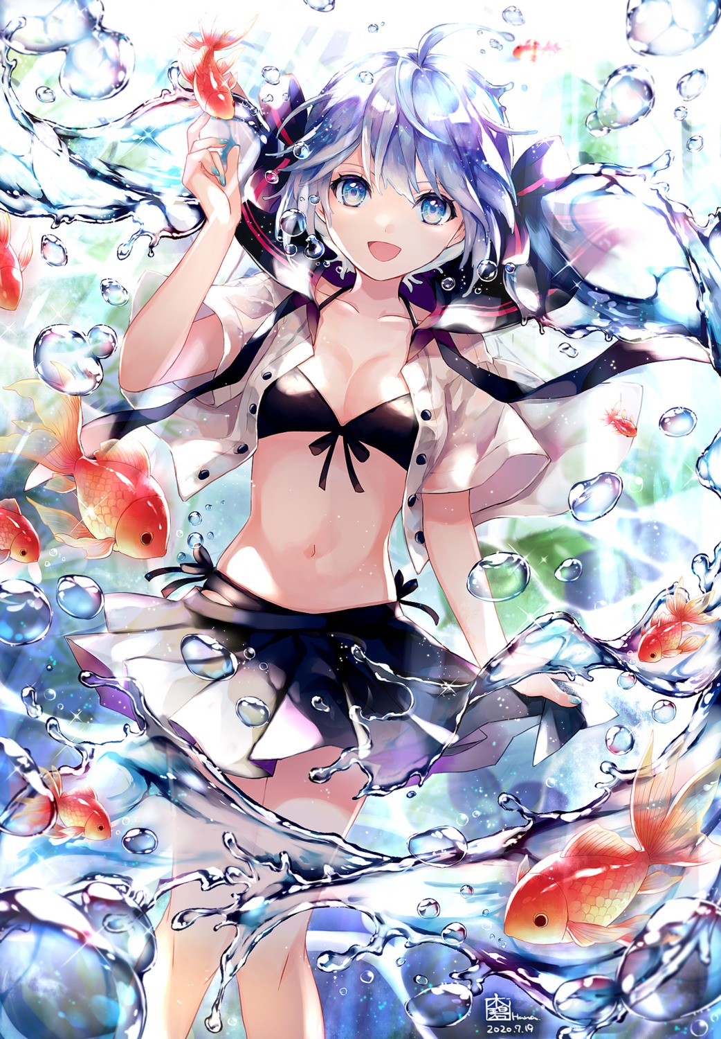 bikini, bottle_miku, hatsune_miku, kimidori_hana, open_shirt, see_through, seifuku, skirt_lift