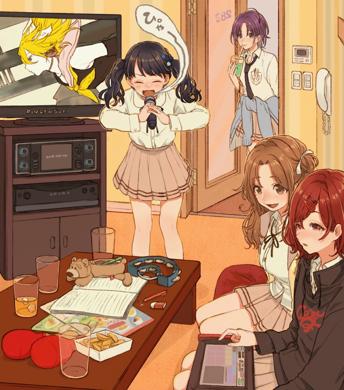 asakura_tooru, fukumaru_koito, higuchi_madoka, ichikawa_hinana, kagamine_rin, meltdown_(vocaloid), seifuku, sweater, tanupon, the_idolm@ster, the_idolm@ster_shiny_colors, vocaloid