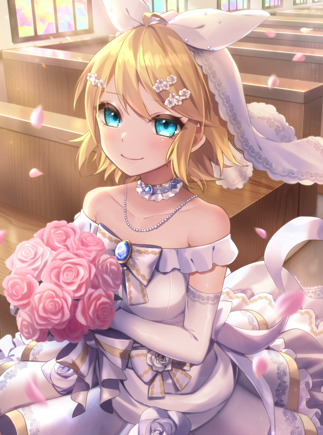 dress, kagamine_rin, skirt_lift, soramame_pikuto, vocaloid, wedding_dress