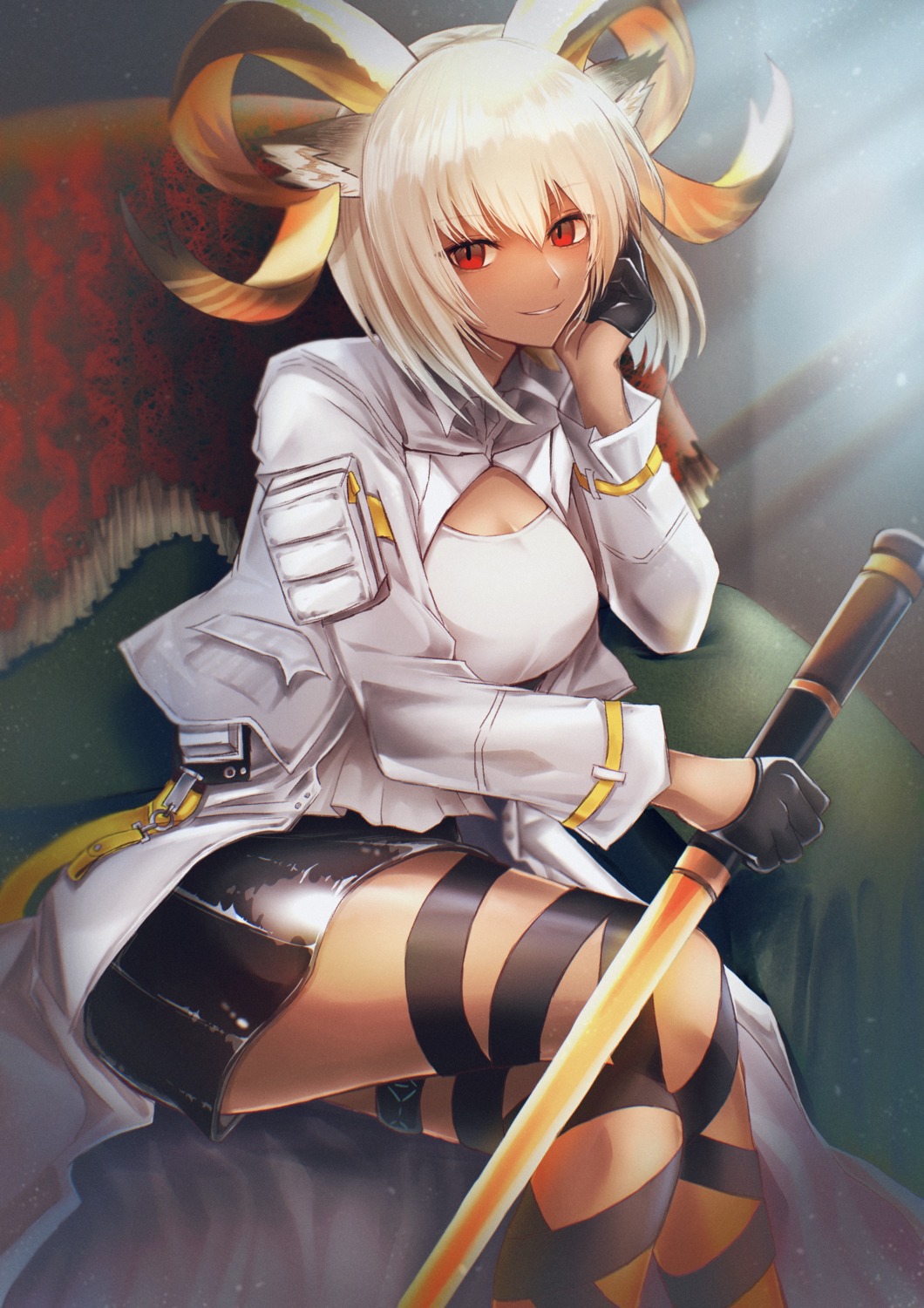 3_(sanyako1), animal_ears, arknights, carnelian_(arknights), garter, horns, sword