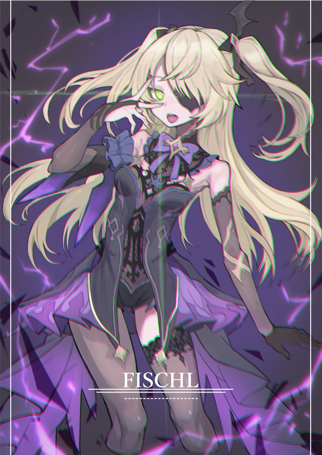 eyepatch, fischl, fishnets, genshin_impact, izayoi_cha, no_bra, stockings, thighhighs
