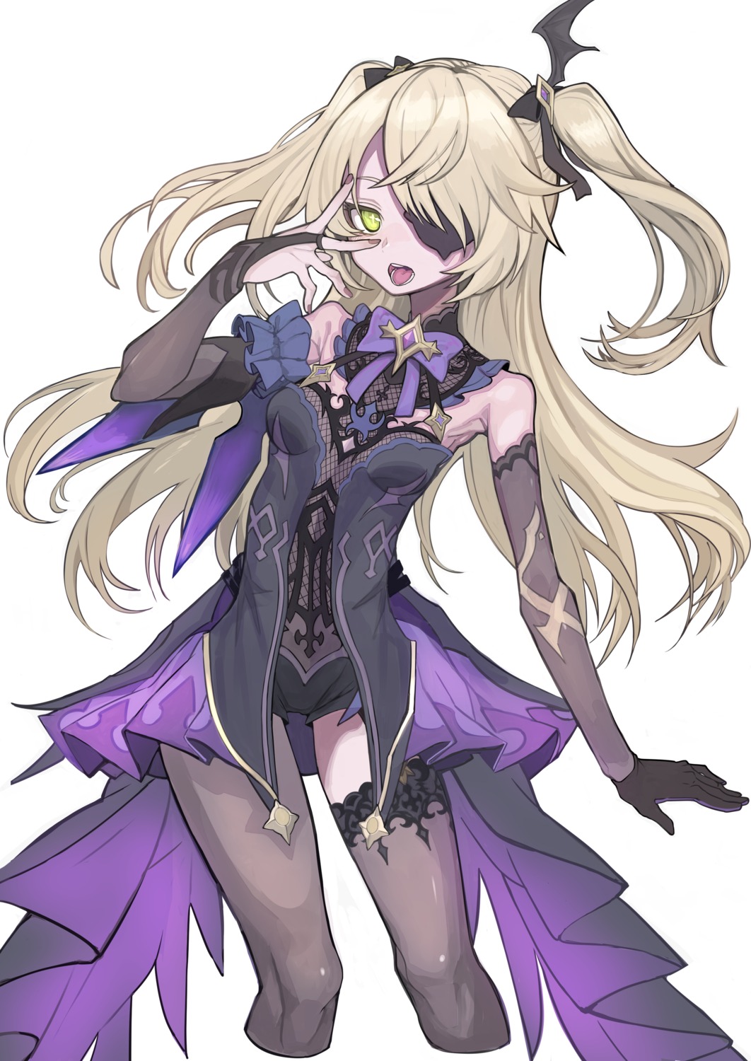 eyepatch, fischl, fishnets, genshin_impact, izayoi_cha, no_bra, stockings, thighhighs