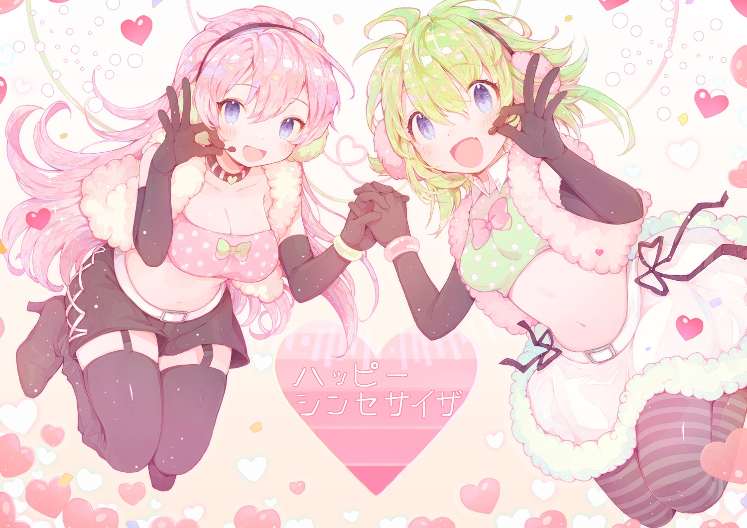 amakawatamawono, cleavage, gumi, happy_synthesizer_(vocaloid), heels, megurine_luka, pantyhose, stockings, thighhighs, vocaloid