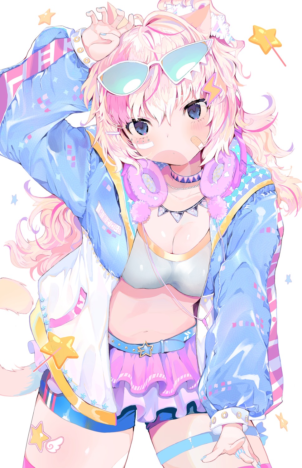 amakawatamawono, animal_ears, bandaid, cleavage, garter, megane, nekomimi, tail, tattoo