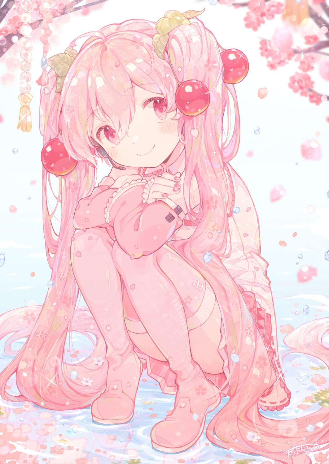 amakawatamawono, hatsune_miku, headphones, sakura_miku, skirt_lift, thighhighs, vocaloid
