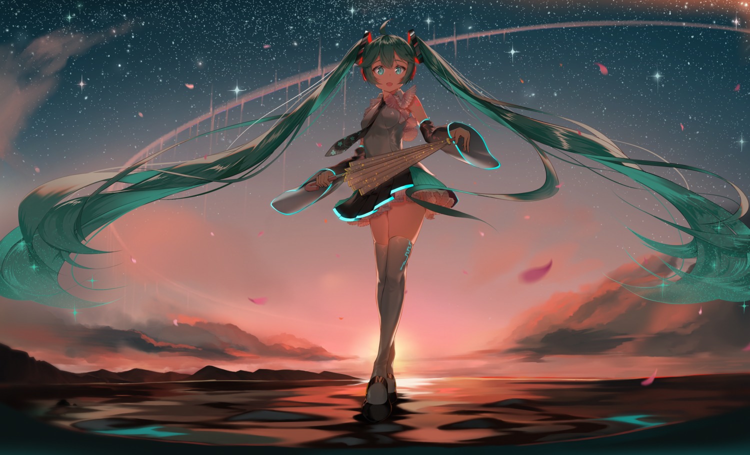 c-up, hatsune_miku, headphones, skirt_lift, tattoo, thighhighs, umbrella, vocaloid