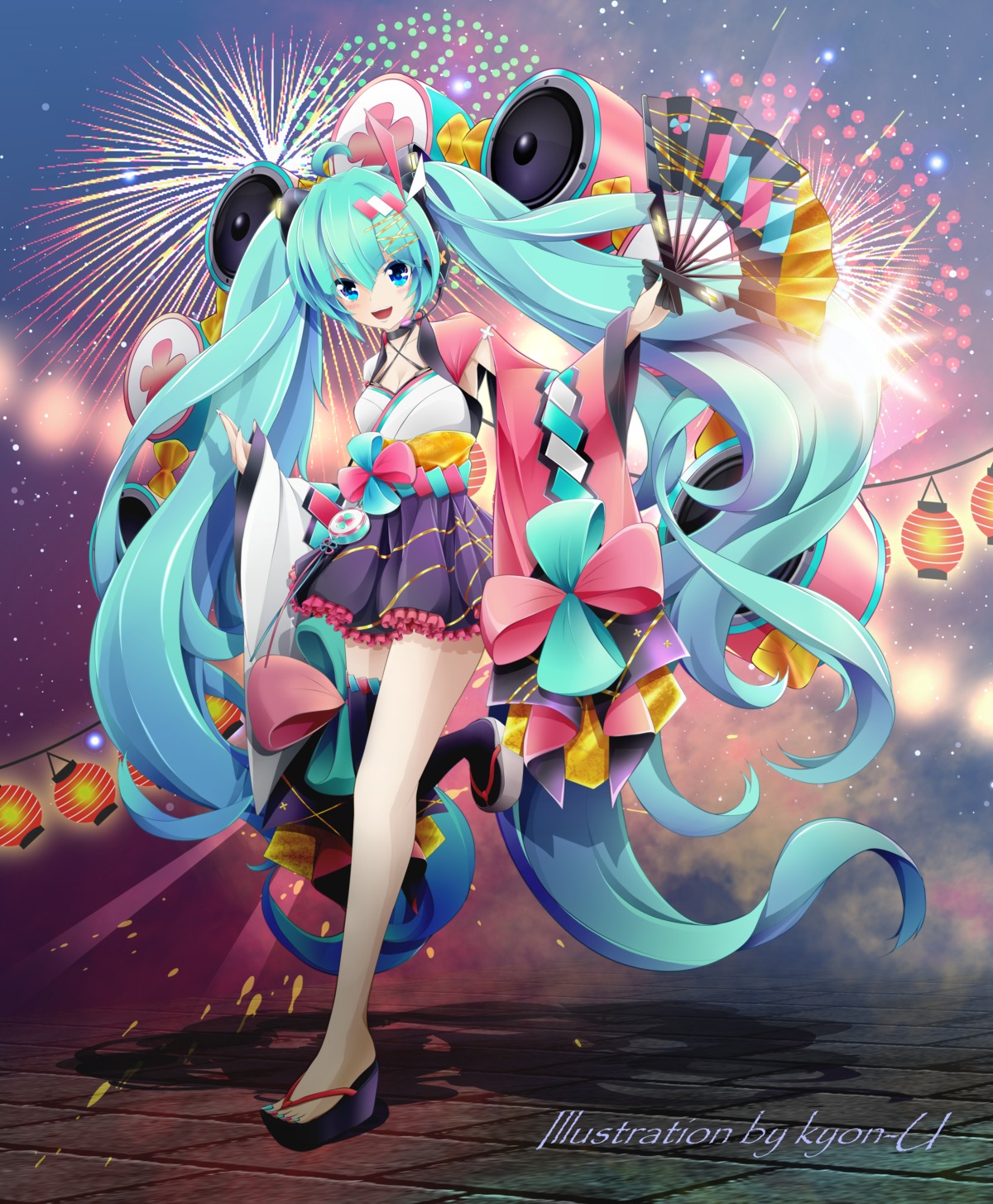 cleavage, hatsune_miku, headphones, japanese_clothes, kyon-u, magical_mirai, thighhighs, vocaloid