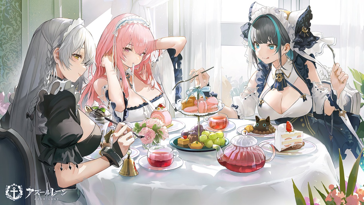 azur_lane, cheshire_(azur_lane), cleavage, hermione_(azur_lane), lal!role, maid, no_bra, perseus_(azur_lane)