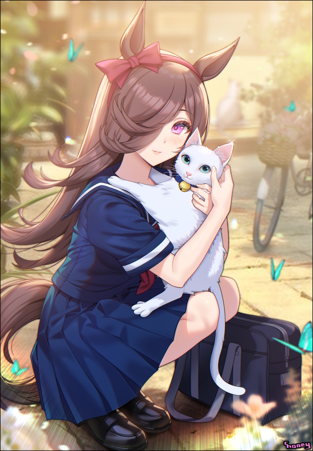 animal_ears, choney, neko, rice_shower_(umamusume), seifuku, skirt_lift, tail, uma_musume_pretty_derby
