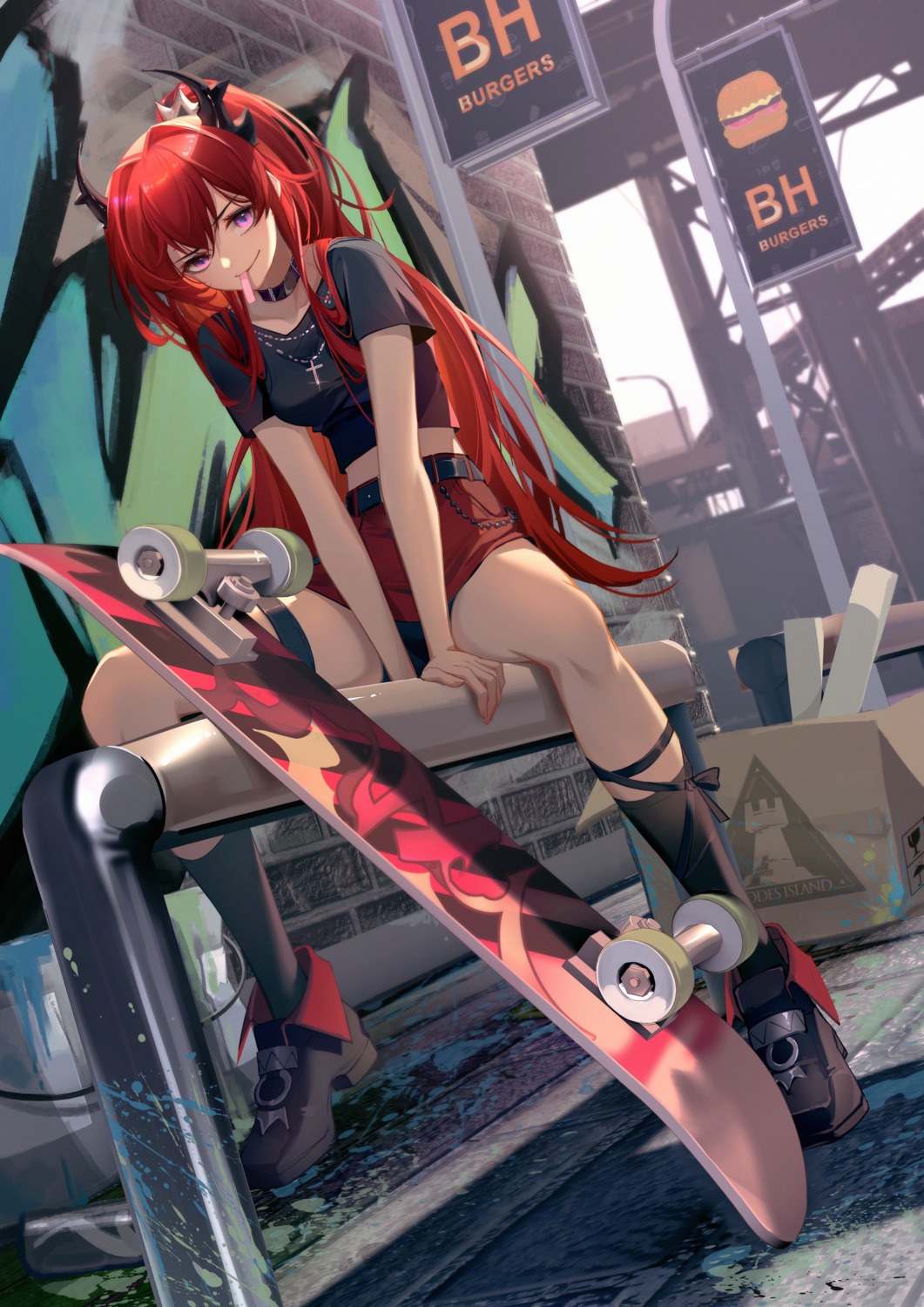 arknights, bike_shorts, horns, shi_xue_kuang_mo, skirt_lift, surtr_(arknights)
