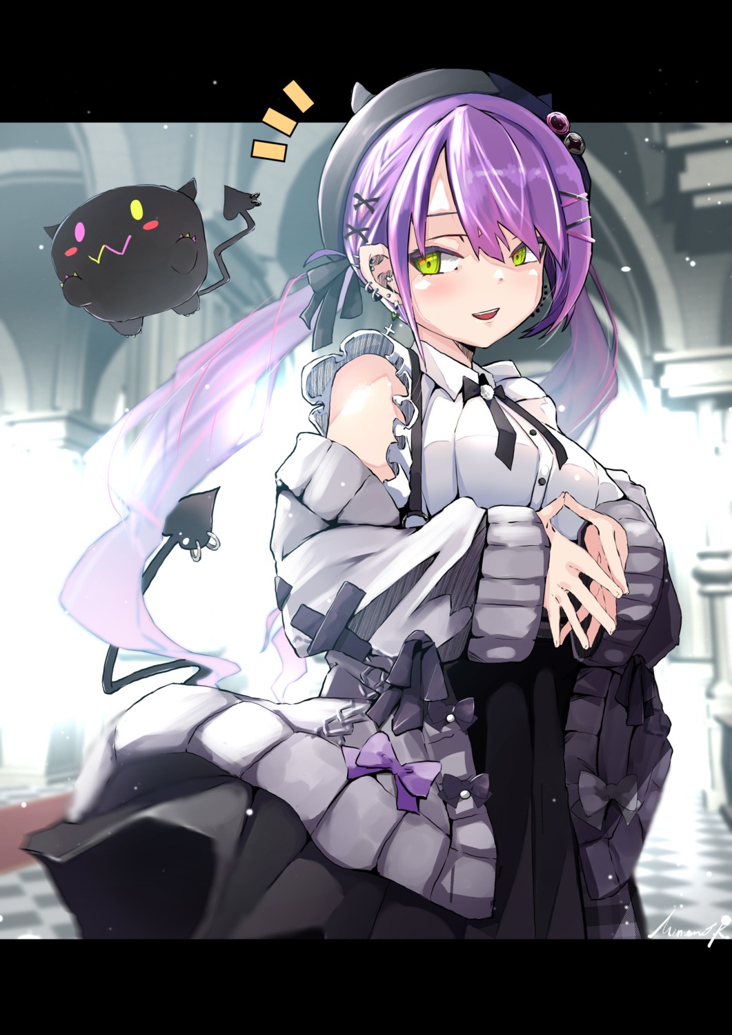 hololive, memeno_kei, pointy_ears, skirt_lift, sweater, tail, tokoyami_towa