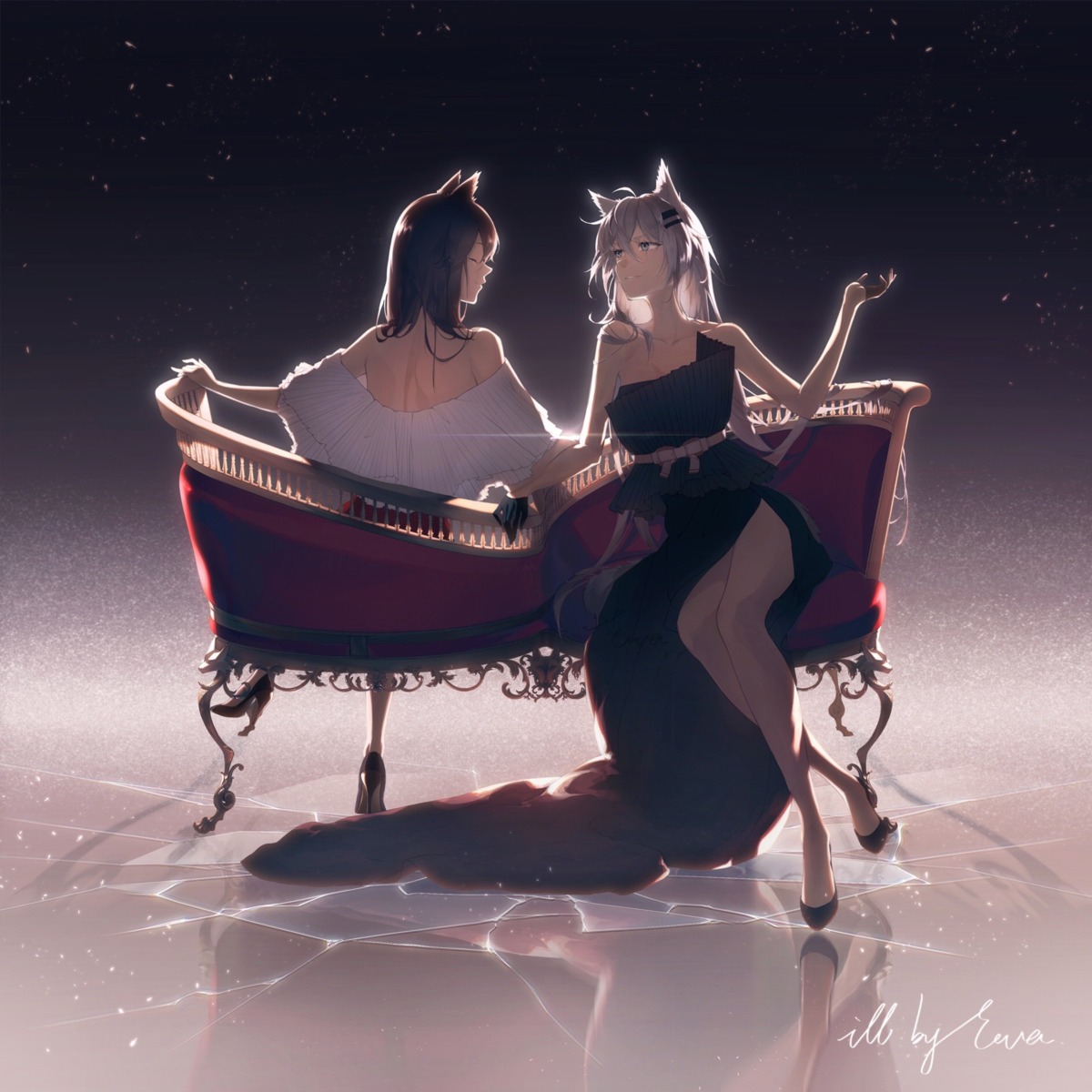 animal_ears, arknights, dress, eva, lappland_(arknights), no_bra, texas_(arknights)