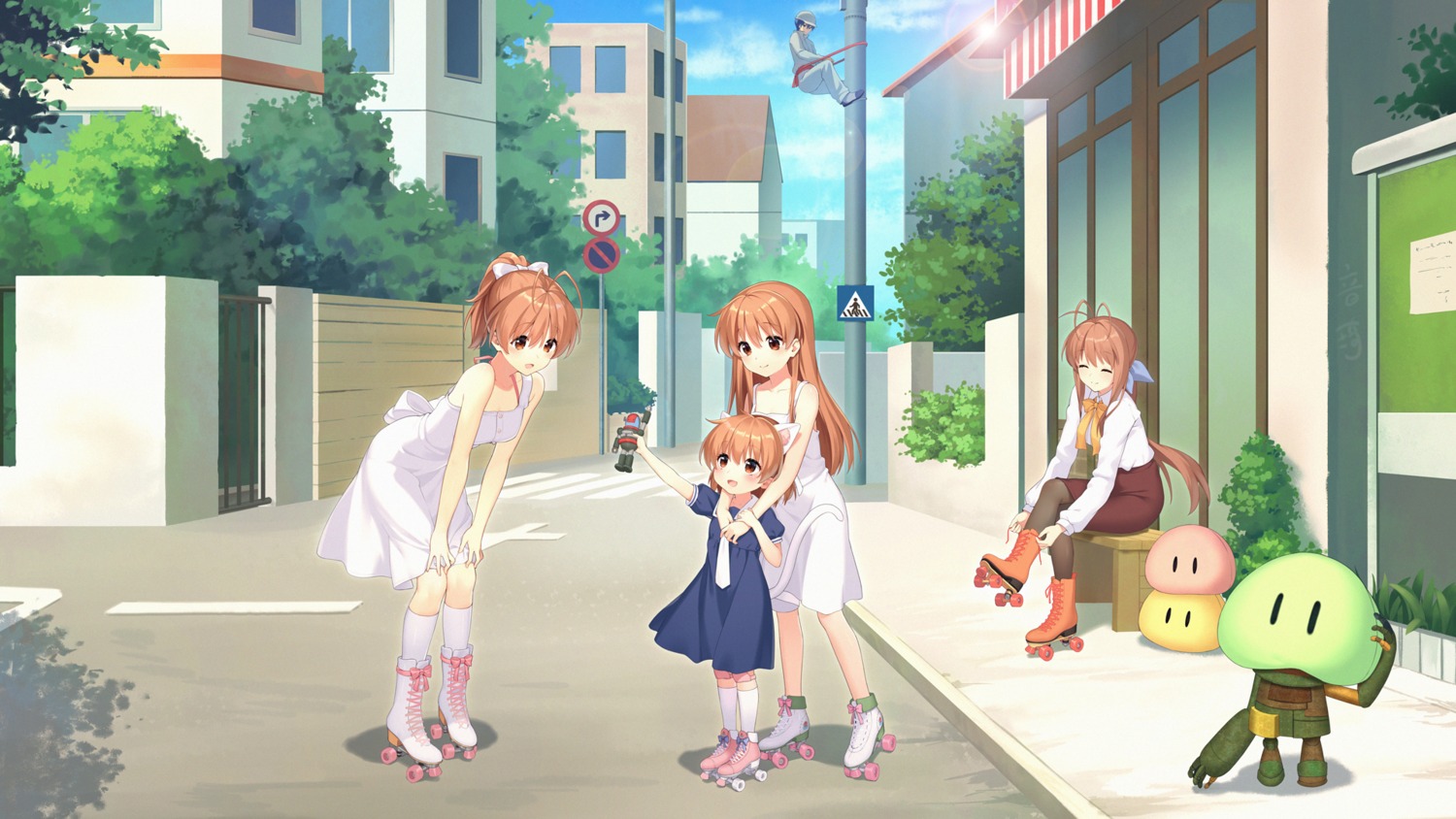 animal_ears, clannad, dress, furukawa_nagisa, furukawa_sanae, garbage_doll, girl_from_the_illusionary_world, nekomimi, no_bra, okazaki_tomoya, okazaki_ushio, pantyhose, seifuku, summer_dress, wallpaper