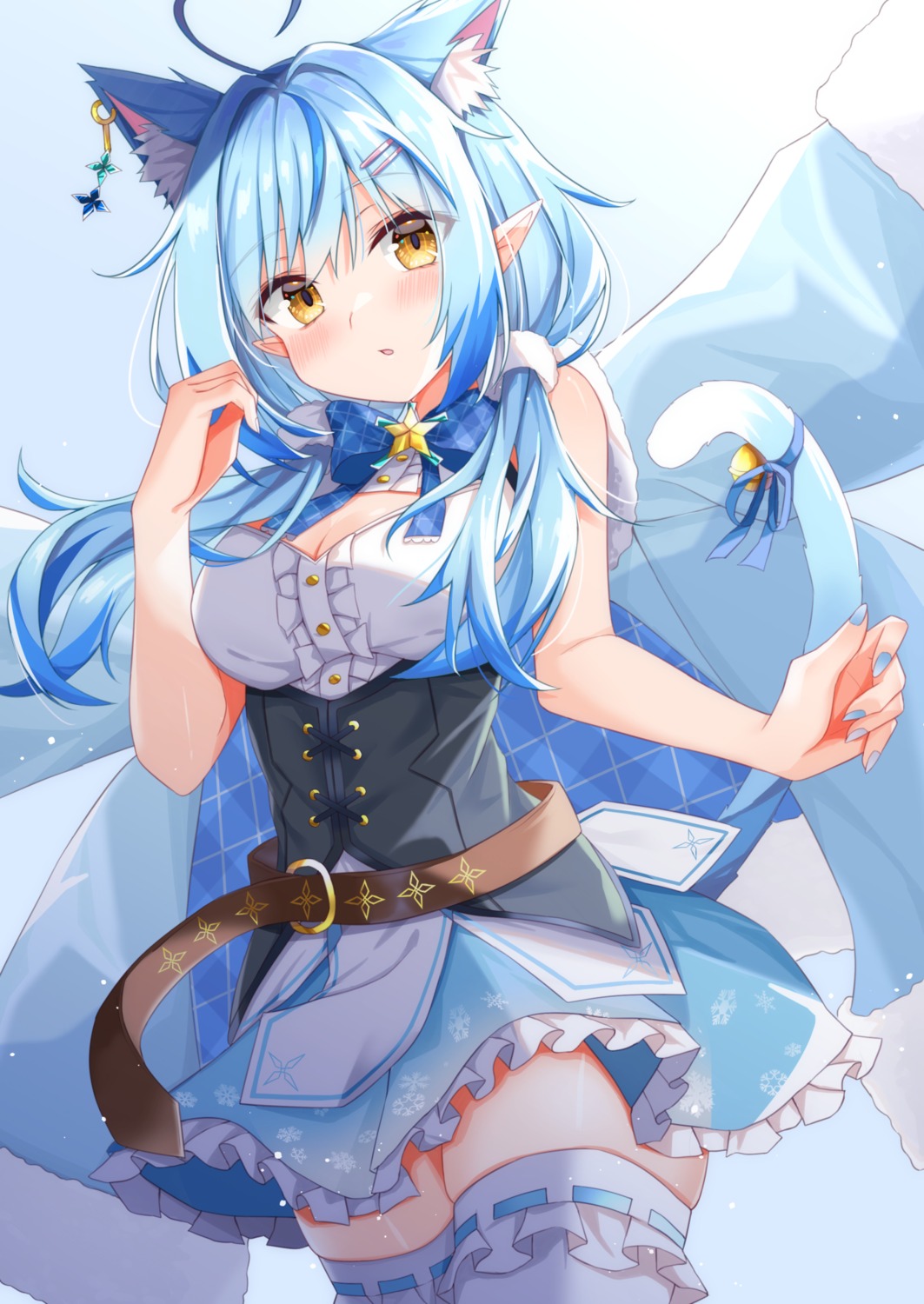 animal_ears, divergenceok, elf, hololive, nekomimi, pointy_ears, skirt_lift, tail, thighhighs, yukihana_lamy