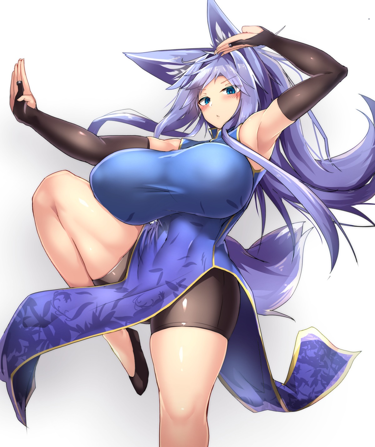 animal_ears, bike_shorts, chinadress, erect_nipples, indigo, kitsune, skirt_lift, tail, tylwing
