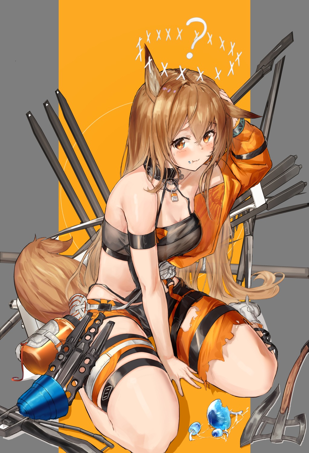 animal_ears, arknights, bra, ceobe_(arknights), garter, pantsu, tail, torn_clothes, weapon, yuji