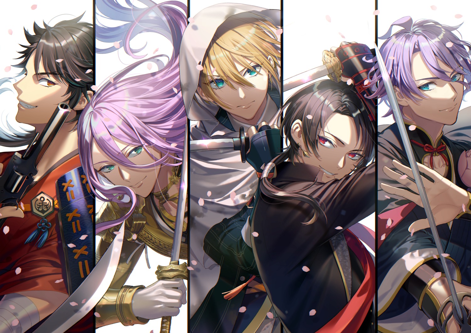 gun, hachisuka_kotetsu, japanese_clothes, kasen_kanesada, kashuu_kiyomitsu, male, mutsu-no-kami_yoshiyuki, noes