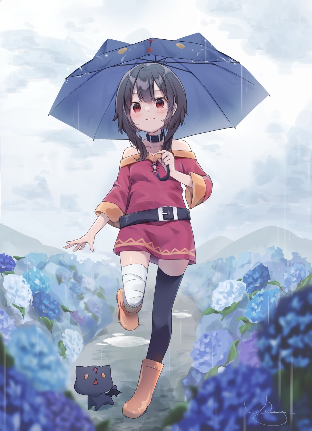 bandages, dress, kono_subarashii_sekai_ni_shukufuku_wo!, megumin, neko, nut_megu, thighhighs, umbrella