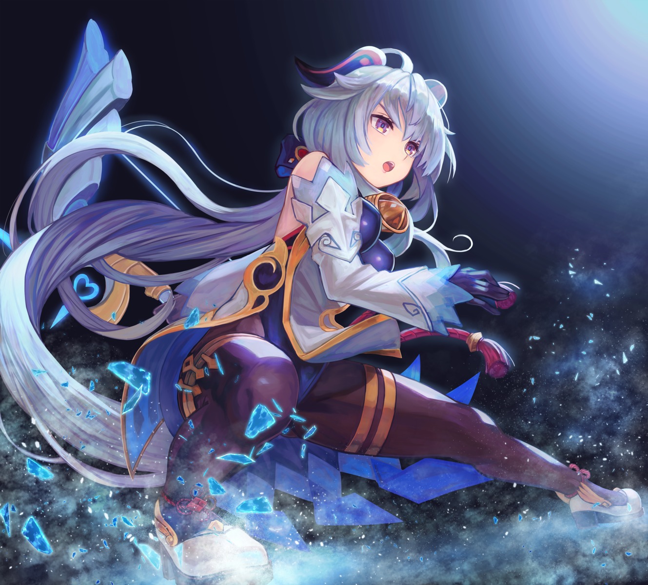 asian_clothes, ganyu, genshin_impact, horns, leotard, pantyhose, skirt_lift, takinashi_(friend_coffee)