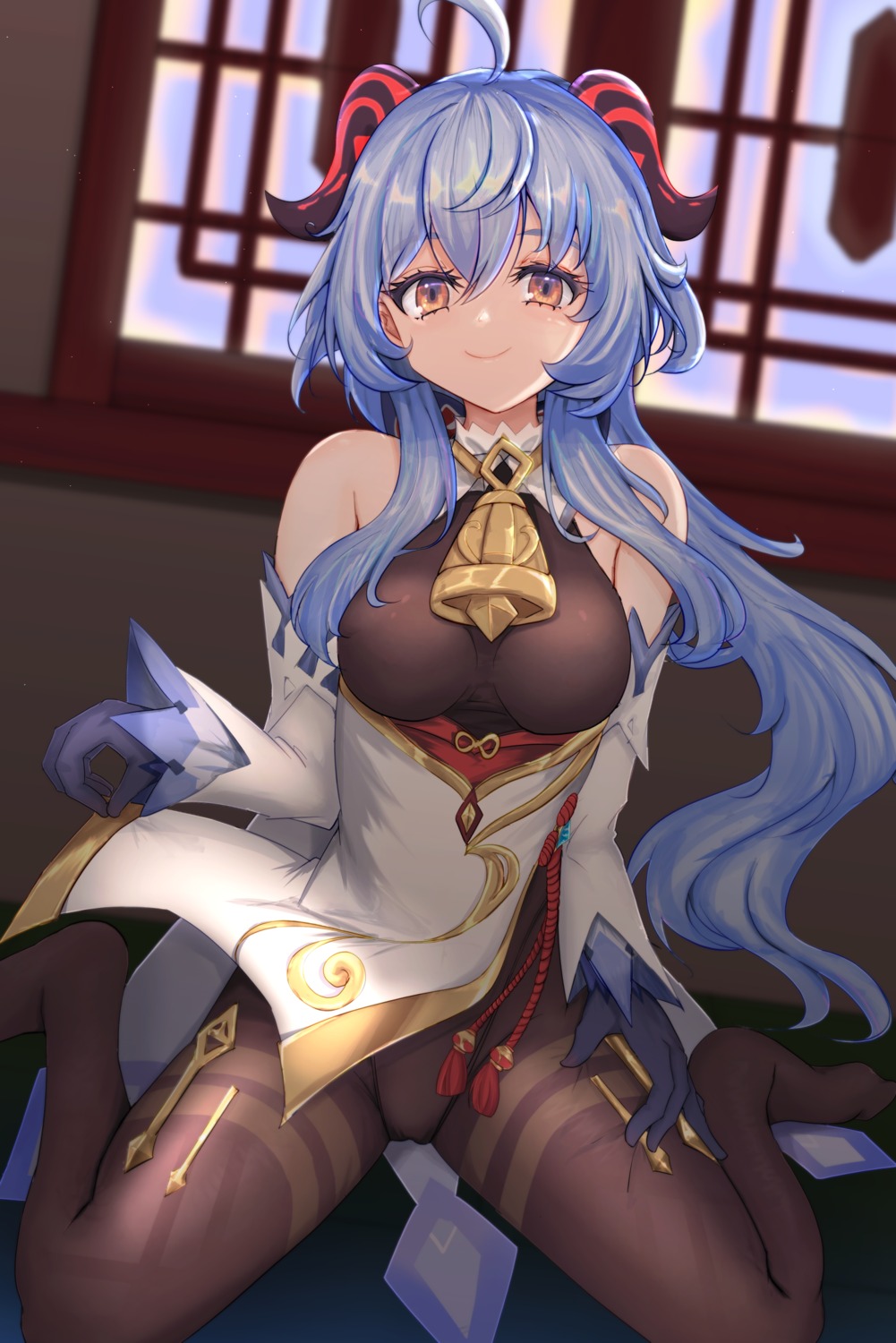 asian_clothes, ganyu, genshin_impact, horns, leotard, pantyhose, skirt_lift, toketa-sekai