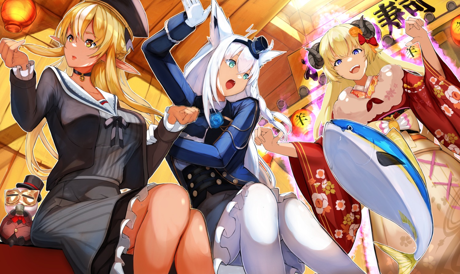 animal_ears, elf, hololive, hololive_gamers, horns, japanese_clothes, kitsune, maruno_ball, pantyhose, pointy_ears, seifuku, shirakami_fubuki, shiranui_flare, skirt_lift, tsunomaki_watame