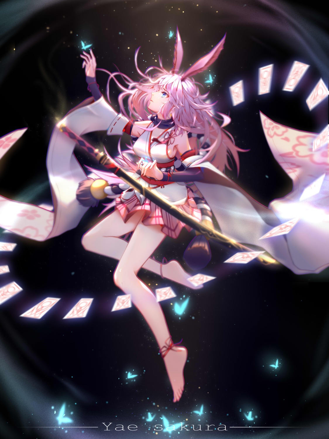 animal_ears, benghuai_xueyuan, bunny_ears, japanese_clothes, sword, xianyujun_sam, yae_sakura_(benghuai_xueyuan)