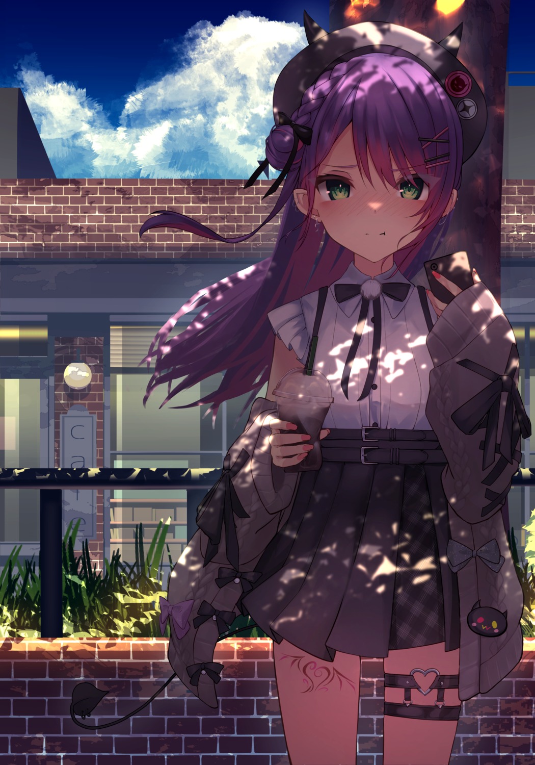 garter, hololive, horns, inaba_teitoku, pointy_ears, skirt_lift, sweater, tail, tattoo, tokoyami_towa