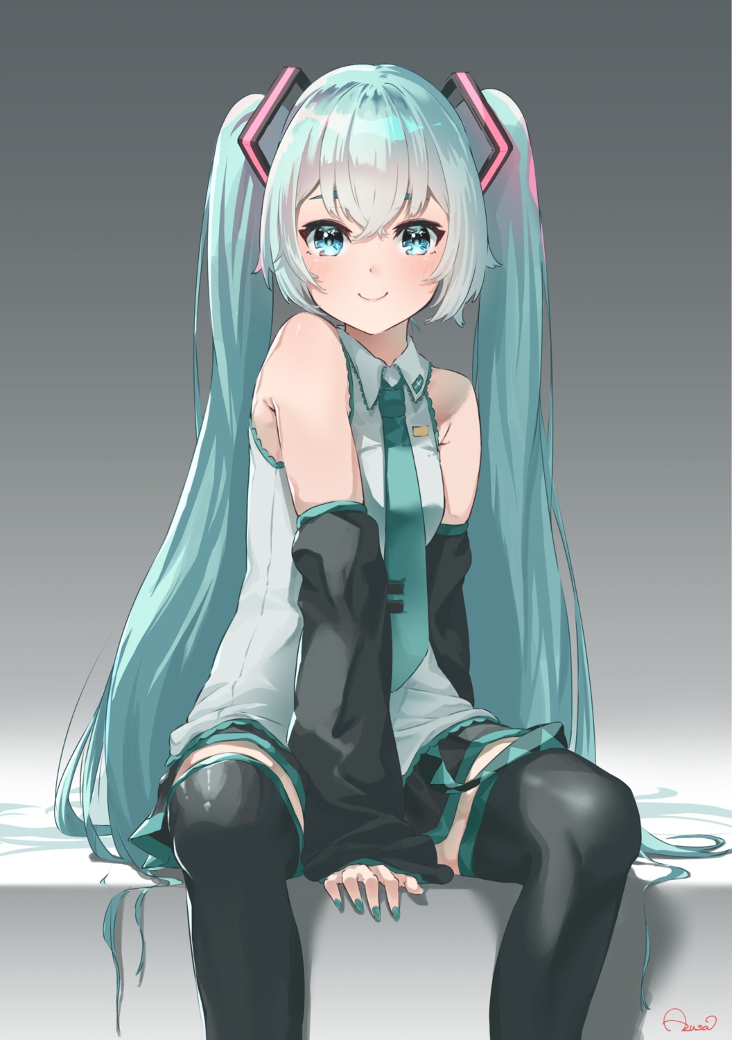 azusa_(azunyan12), hatsune_miku, skirt_lift, thighhighs, vocaloid