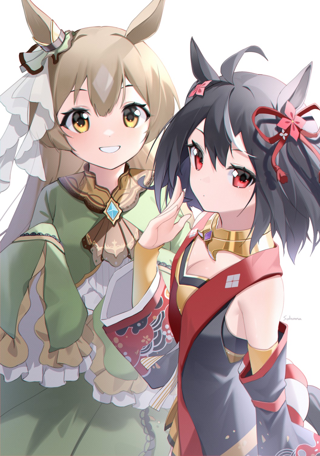 animal_ears, cleavage, japanese_clothes, kitasan_black_(umamusume), miyu10366, satono_diamond_(umamusume), tail, uma_musume_pretty_derby