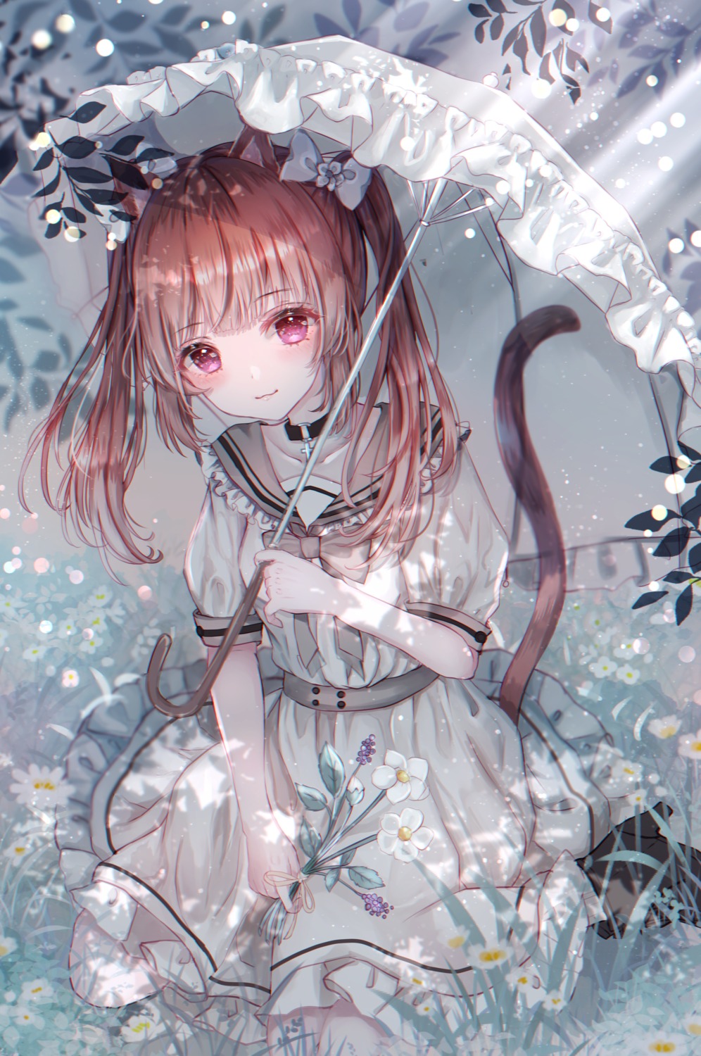 animal_ears, dress, heels, nekomimi, sakura_mochiko, tail, umbrella
