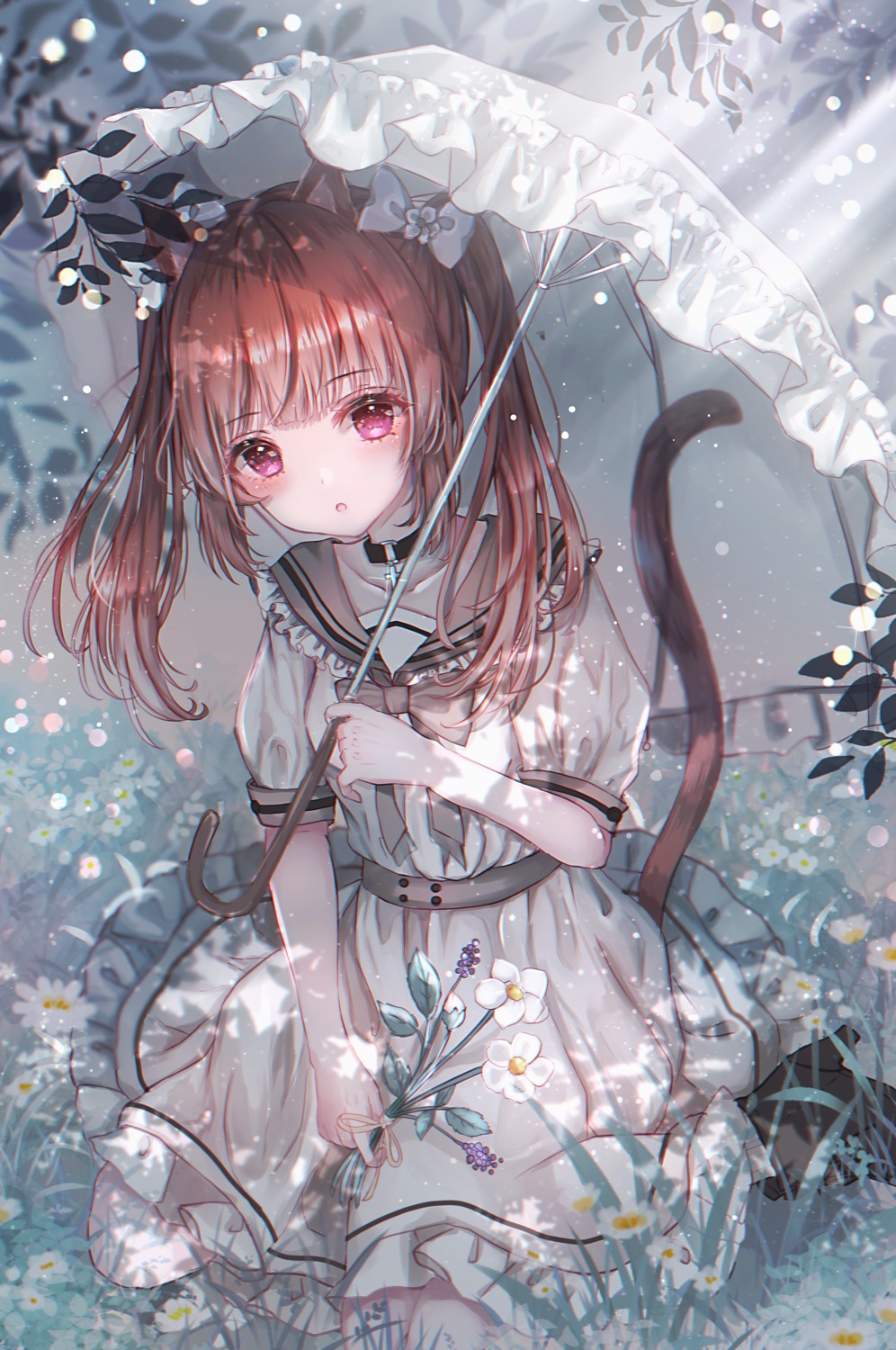animal_ears, dress, heels, nekomimi, sakura_mochiko, tail, umbrella