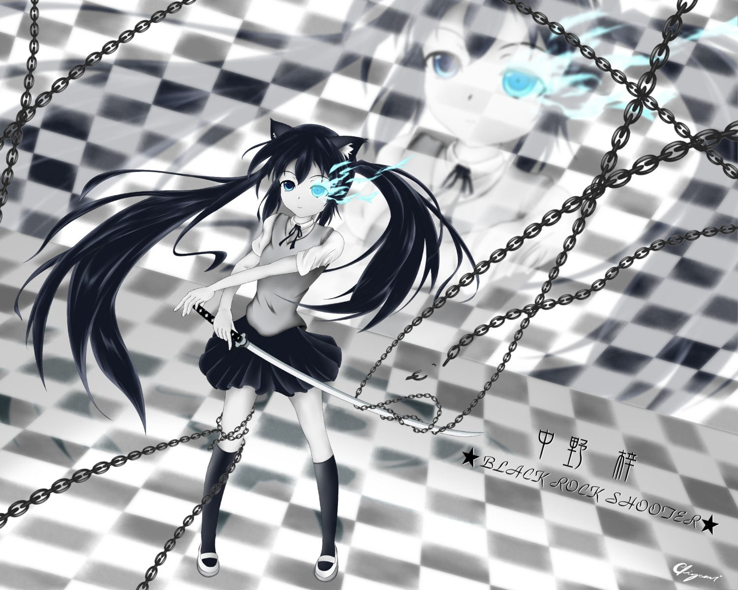 animal_ears, black_rock_shooter, chiyami, k-on!, nakano_azusa, nekomimi, parody, seifuku