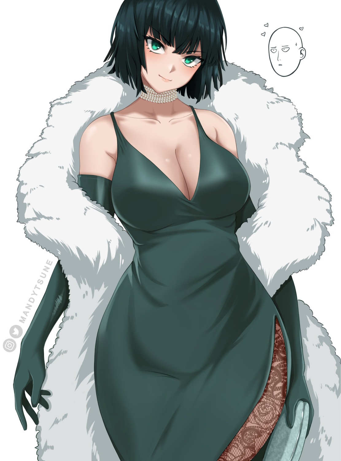 cleavage, dress, erect_nipples, fishnets, fubuki_(one_punch_man), mandytsune, no_bra, one_punch_man, pantyhose, saitama